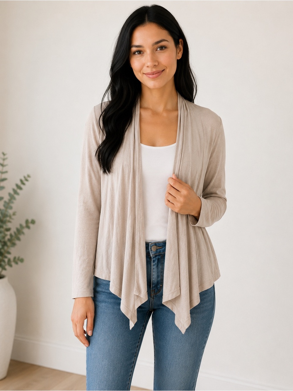 Forever 21 Beige Open Front Drape Cardigan Womens Small Lightweight Layering Top